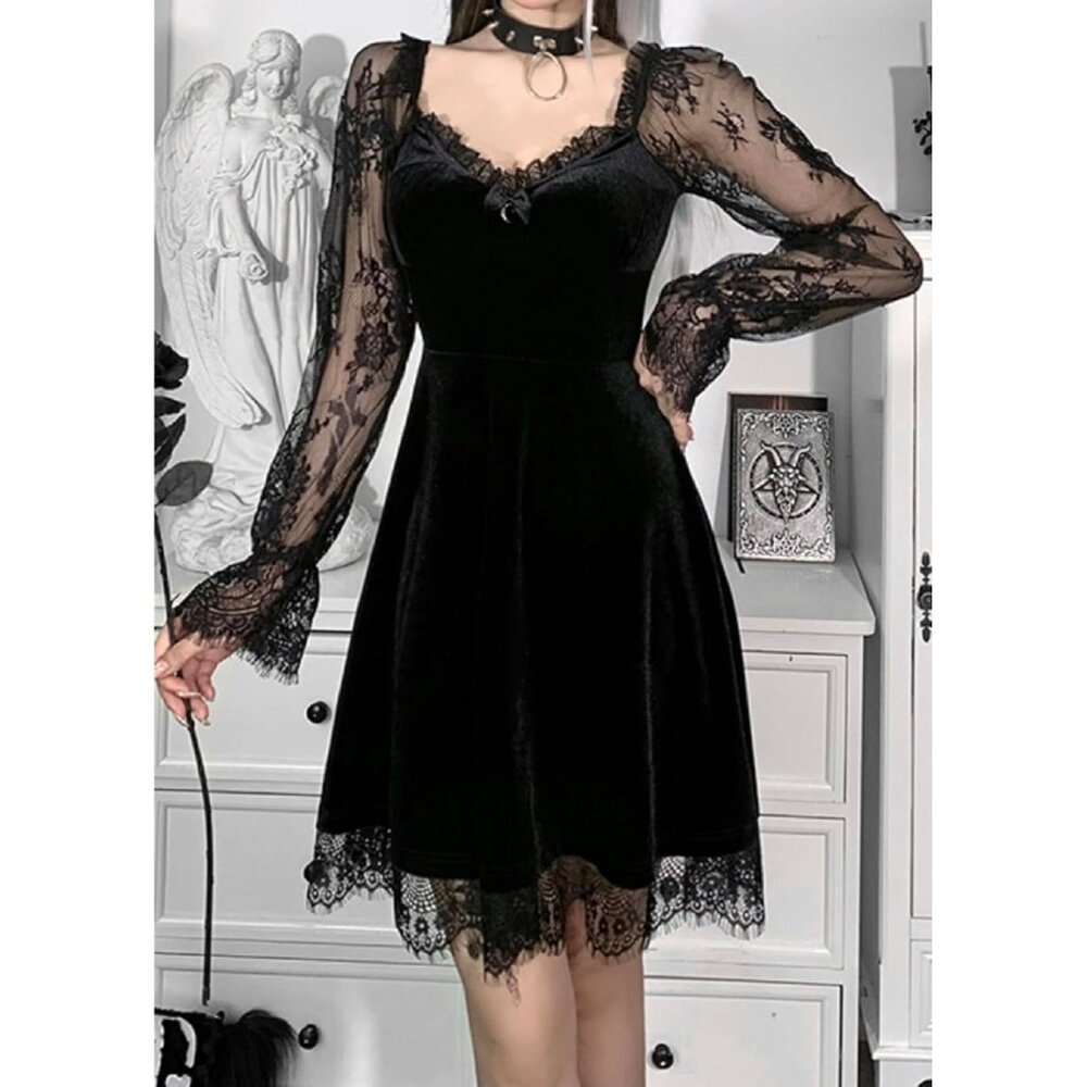 Women's Goth Witchy Dress Velvet Moon Fairy Lolita Dresses Long Sleeve Dress - Picture 6 of 9